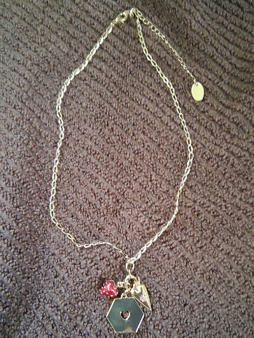 Time and Tru Gold-Tone Necklace with Red Heart Charm and Hexagon Pendant